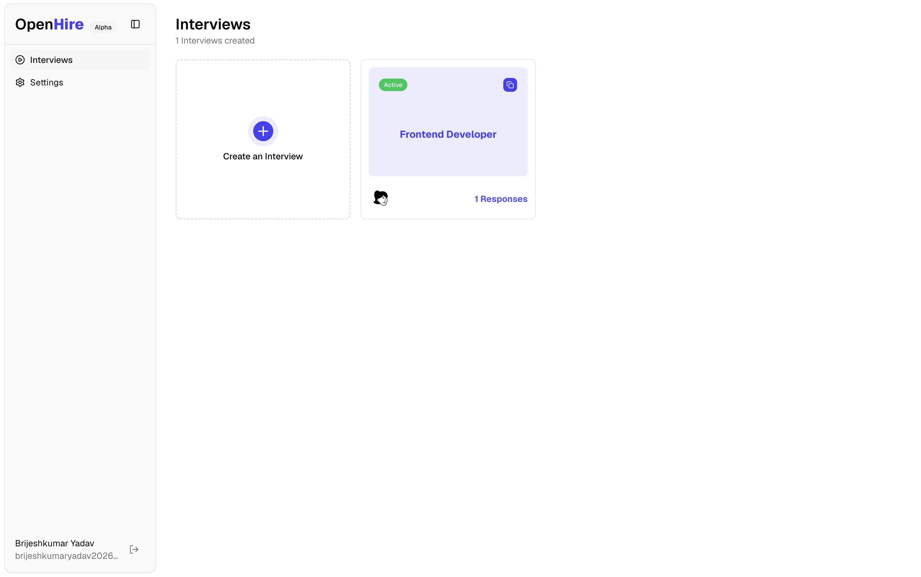 AI Interview dashboard showing interview management and candidate scoring